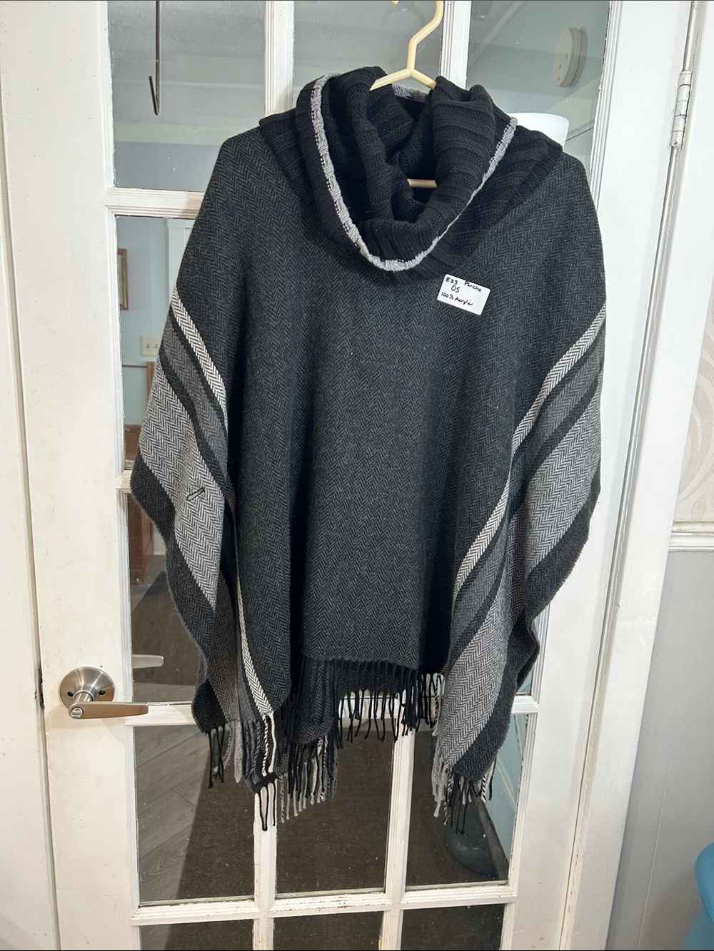 E23.   Fraas Black Hooded Knit Poncho with Subtle Chevron Texture